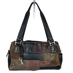 Fossil Vintage Y2K Patchwork Suede & Tooled Leather Baguette Shoulder Bag Brown